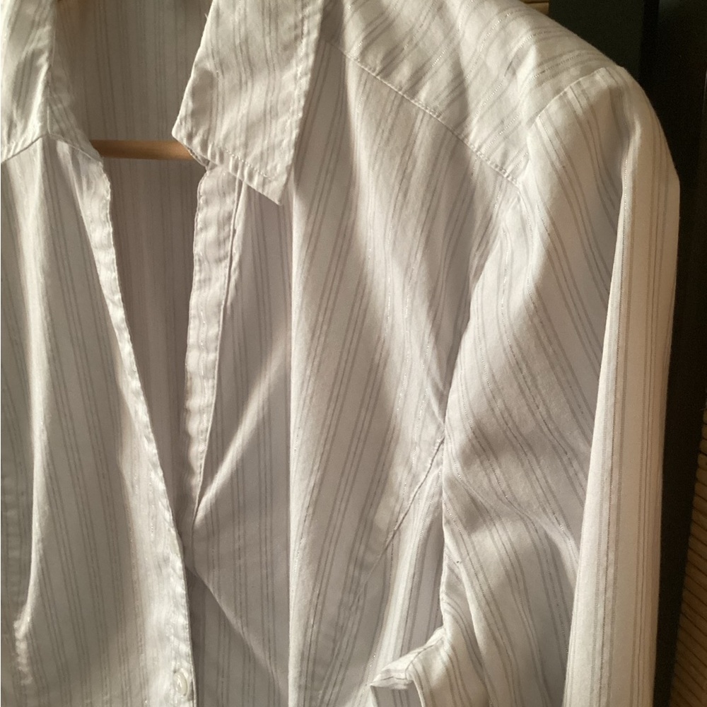 ANN TAYLOR Classic White Button-Up Shirt 14 Blouse metallic threading EUC - Picture 7 of 7